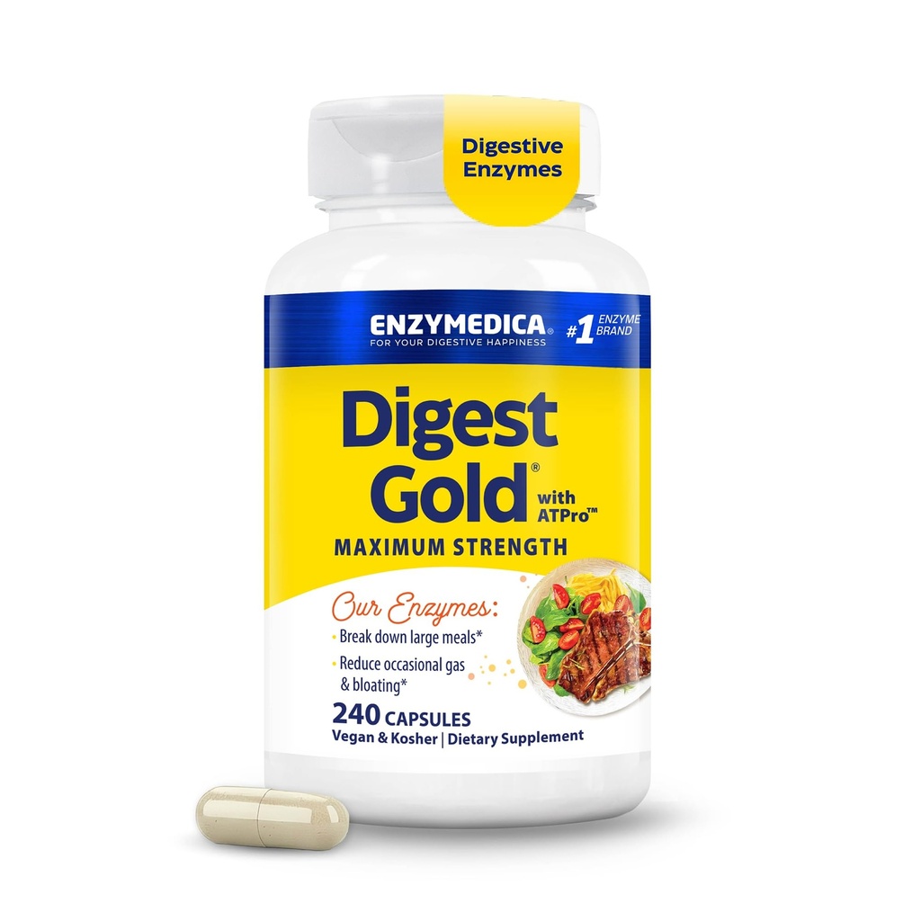 Enzymedica Digest Gold + ATPro, Maximum Strength Enzyme Formula, verhindert Bloating und Gas, 14 Schlüsselenzyme einschließlich Amylase, Protease, Lipase und Lactase, 240 Kapseln