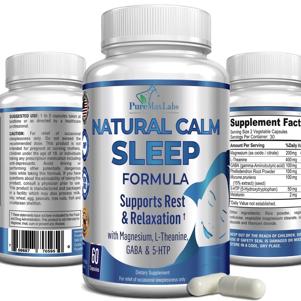 Natural Calm Schlafhilfe mit Magnesium, L-Theanin, Melatonin, GABA, 5-Htp | Schlafhilfe | Non-GMO - 60 Kapseln