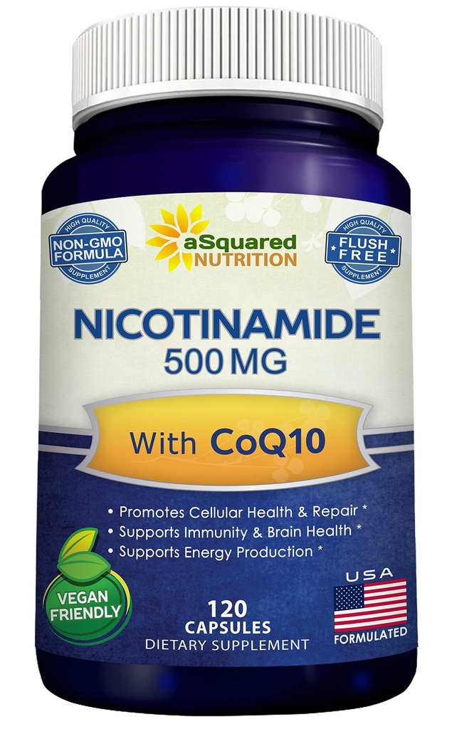 Nicotinamid mit CoQ10 (120 Kapseln) - Vitamin B3 500mg (Niacinamid Flush Free) - Coenzym Q10 Powder - VIT B-3 & Coq 10 Ergänzung Pillen zur Unterstützung von Energie, NAD, & Skin Cell Health