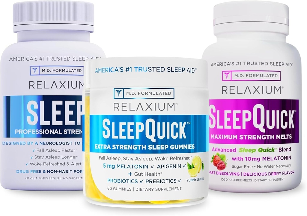 Relaxium Schlaf | 60 Kapsel + Schlafen Sie Quick Melts + Gummis (Family Pack Sleep Bundle)