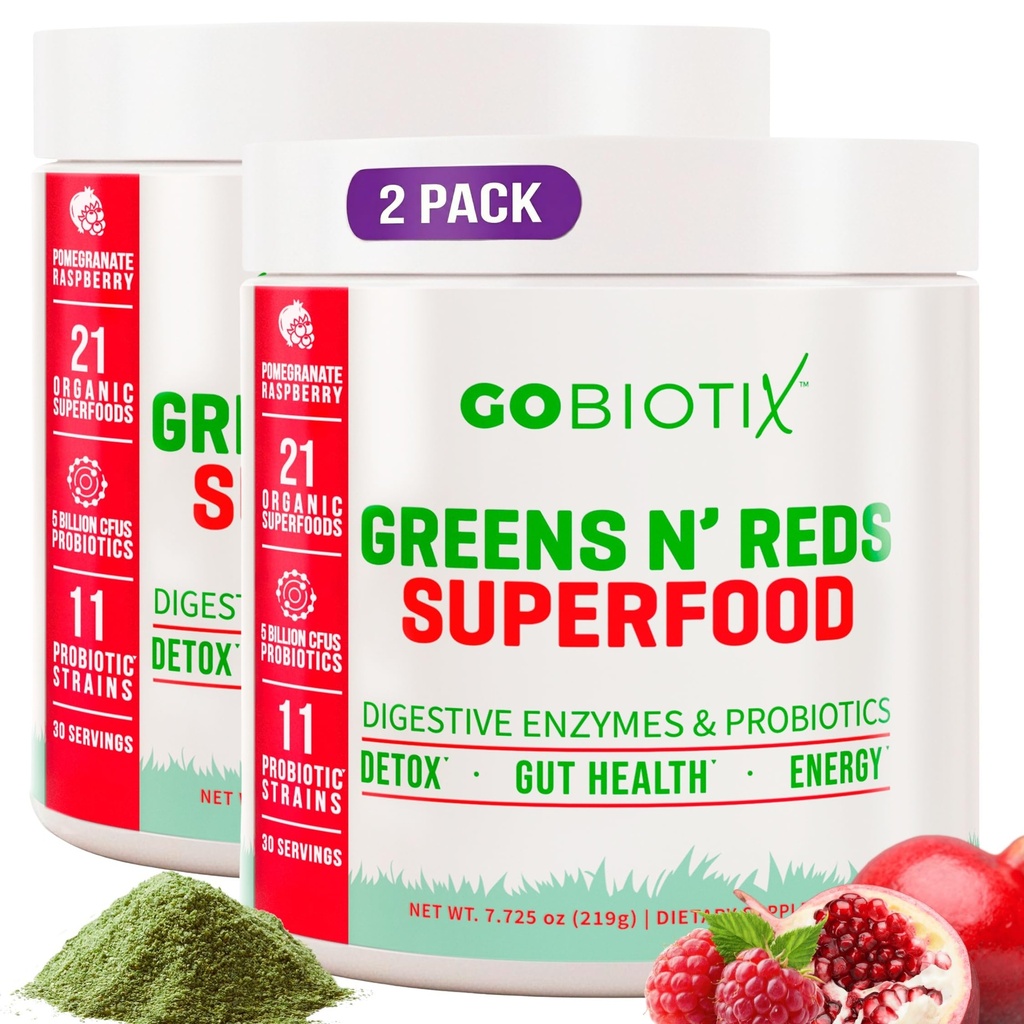 GOBIOTIX Super Greens and Reds Powder - Rote und grüne Superfood - Probiotische Ergänzung - Verdauungsenzyme und Rübenwurzelpulver - Bio Vollnahrung Nahrungsergänzungsmittel (Pom Raspberry, 2 Pack)