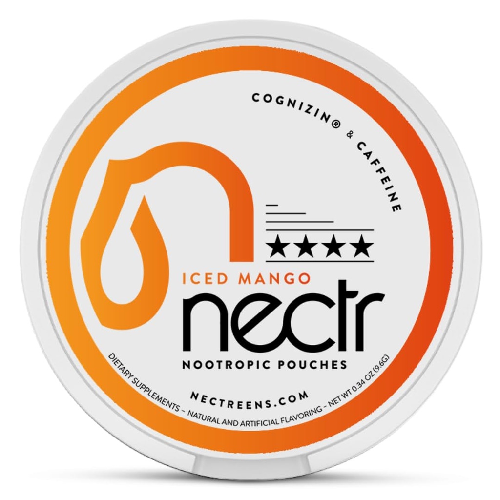 Nectr Energy Nootropic Pouches – Iced Mango Aromatisiert, Koffeinbeutel mit Cognizin® Citicoline. Zuckerfreie Gehirnbehandlungen. Glatt, nachhaltige Fokus & Energie-Ergänzung - 1 Puck von 16 Stück