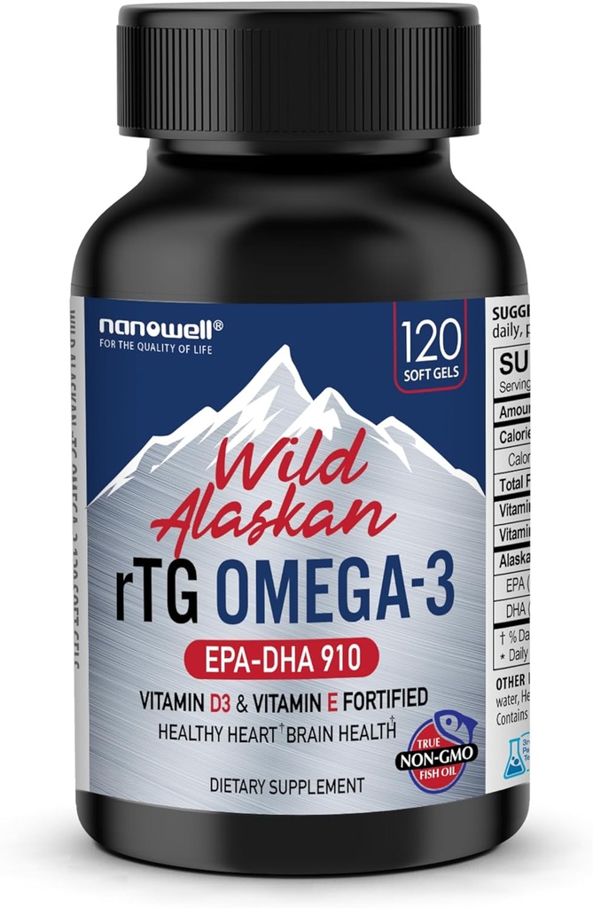 NANOWELL Wild Alaskan rTG Omega-3 Fish Oil 1196mg - EPA, DHA, Vitamin D3 & E - 120 Softgels, 60 Tage Versorgung