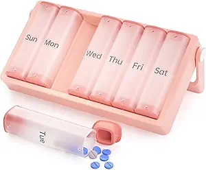 Wöchentliche Pille Organizer 2 Mal am Tag, KOVIU Große Reise Pille Box 7 Tage, Am Pm zweimal täglich Pille Fall mit drehbarem Griff, Pillenhalter Behälter für Vitamin, Medizin, Ergänzung, Fischöl, Rosa