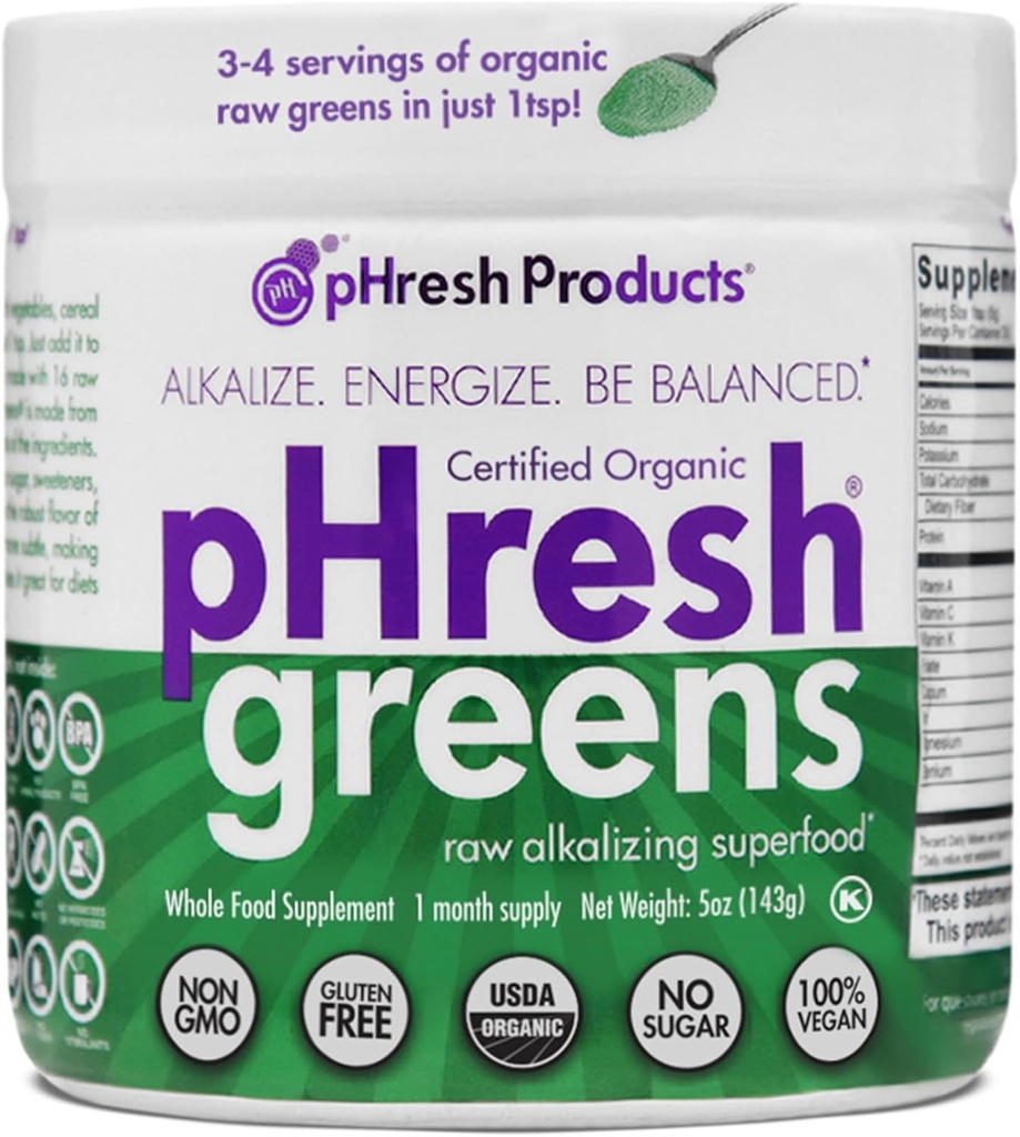 pHresh Greens Raw Alkalisierende Superfood Greens Pulver - 1 Monat Versorgung | Glutenfrei | Natürliche Enzyme | Rohstoffe | Genehmigt für intermittierendes Fasten und Keto Diäten | 5 Unzen