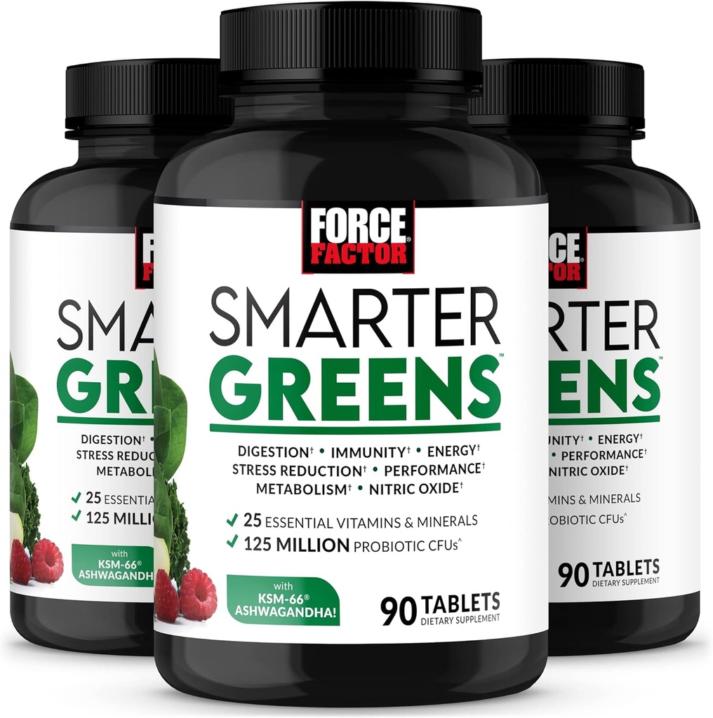 FORCE FACTOR Smarter Greens Tablets, 3-Pack, Greens Supplement mit 25+ Superfoods und Antioxidantien, um Verdauung zu verbessern, Stress zu reduzieren, Immunität zu stärken und Stoffwechsel zu unterstützen, 270 Tabletten