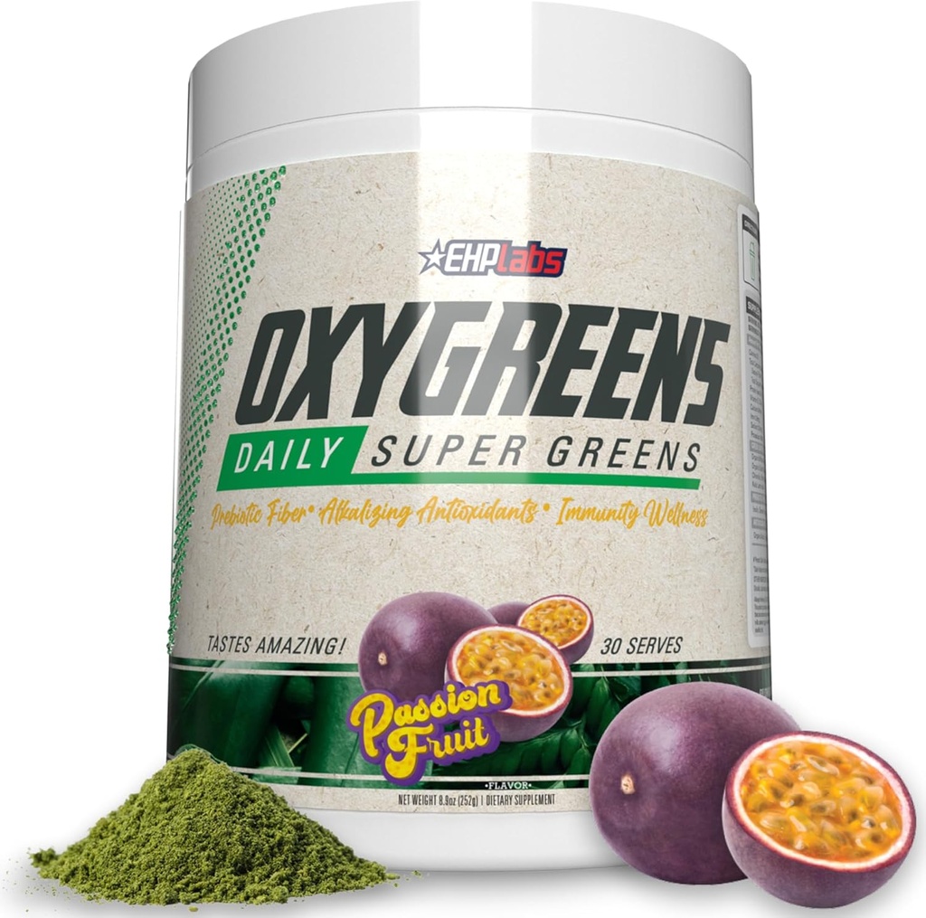 EHP Labs OxyGreens Super Greens Powder - Spirulina & Chlorella Superfood, Green Juice Powder & Greens Ergänzungen mit Prebiotic Fibre, Antioxidantien & Immunität Unterstützung, 30 Serves (Passionfruit)