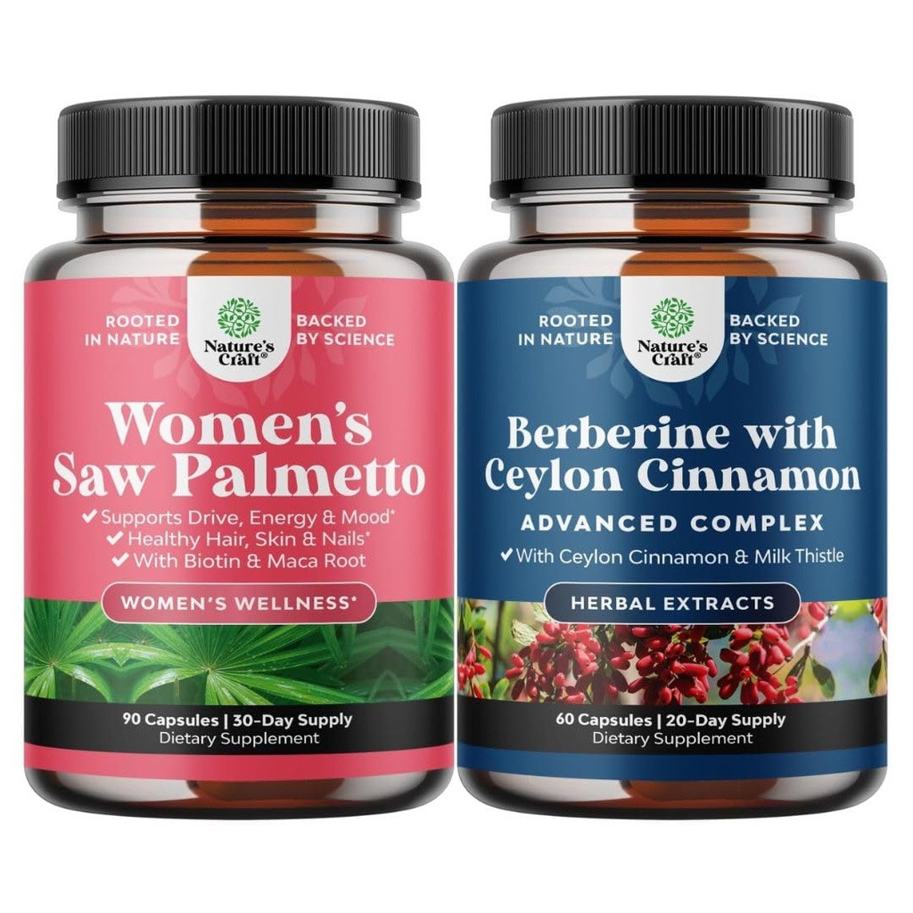 Bundle of Extra Strength Saw Palmetto für Frauen und Balancing Berberine Plus 1200mg Complex - DHT Blocker Thickening Hair Vitamins for Hair Loss - Antioxidant Berberine mit Ceylon Cinnamon Kapseln
