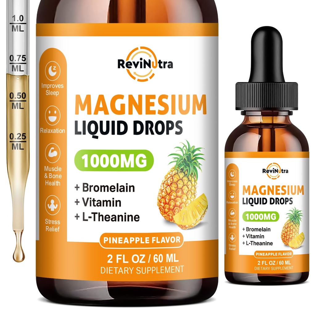 Magnesium Glycinate Flüssigkeitstropfen, 1000 mg flüssiges Magnesium-Komplex-Ergänzungsmittel für Schlaf, Nerve, Energie, Muskel, Knochen, Kalorien und Verdauung, hohe Absorption, 2 Fl Oz, Zuckerfreie Ananas-Flasche
