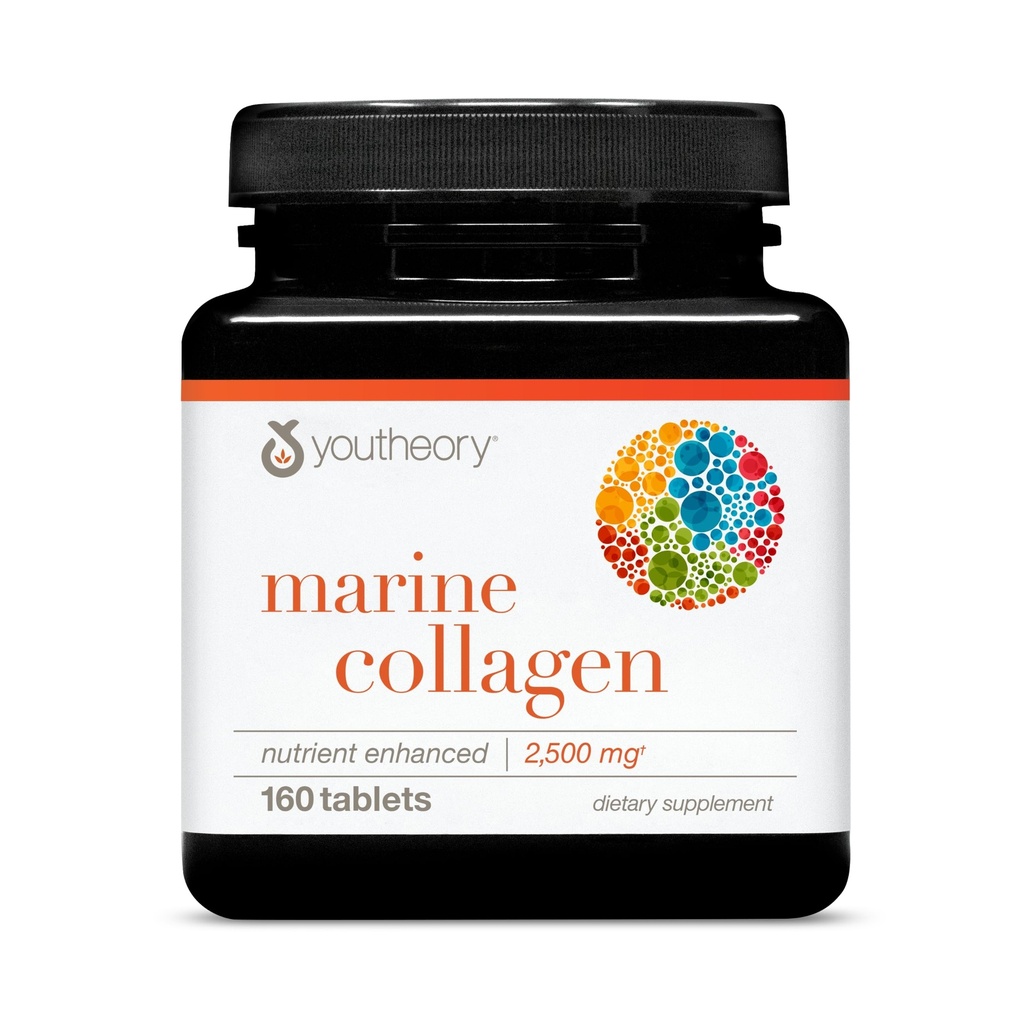 Youtheory Marine Collagen - 2.500 mg - Unterstützt Gelenk, Nagel, Haar, Haut, Knochen & Muskel Gesundheit* - mit Aminosäuren, Mineralien & Vitamine C, A, E, B6 & B12-160 Tabletten (32-Tage Versorgung)