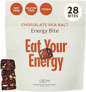 GEM Energy Koffeinierter Biss, 40mg Koffein, Ginseng Root, L-Theanin, Holistische Energie, unterstützt Stoffwechsel, Stamina & Endurance | Schokolade Cacao Meer Salz | 28 Servierungen