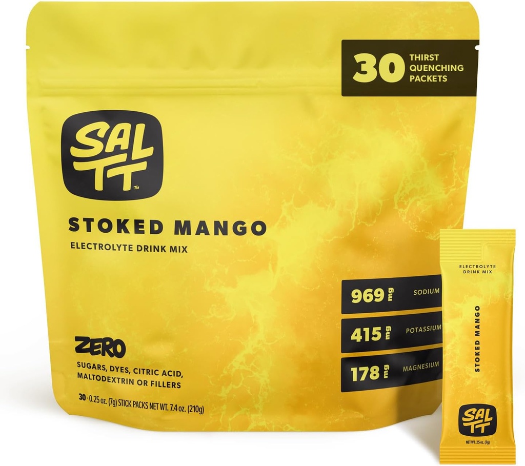 SALTT Elektrolyte Pulver Flavored Drink Mix - Stoked Mango - 30 Hydration Packets - Magnesium, Kalium, Natrium, Trace Minerals - Zero Sugar & Gluten Free - Travel Essentials
