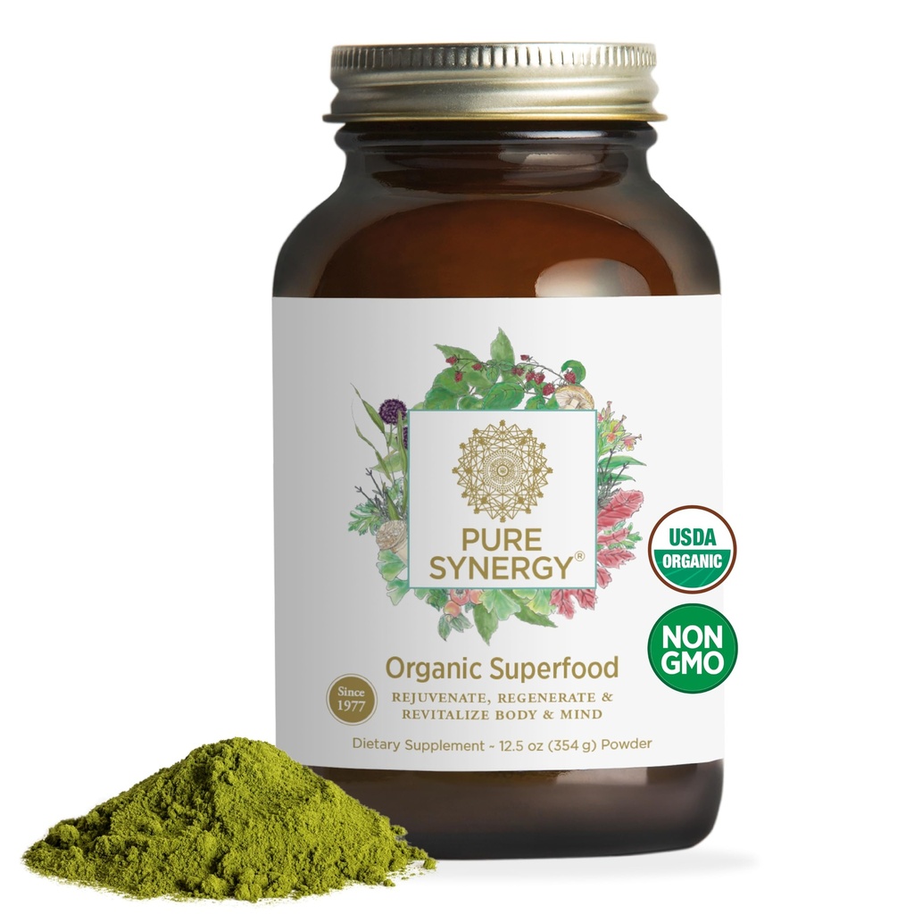 PURE SYNERGY Bio-Superfood-Pulver | Grüne Superfood-Pulver | Ganze Nahrungsergänzung mit Bio-Grünen, Spirulina und Pilzen | für Energie, gesundes Altern und Immungesundheit (12,5 Unzen)