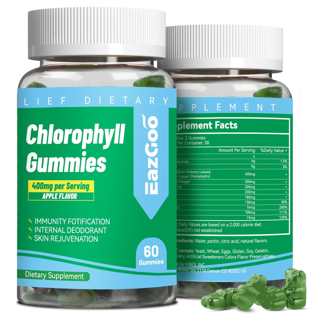 Zuckerfreie Chlorophyll-Gummien, Vitamin B12 Zink - Natürliches Deodorant*, Unterstützt gesunde Haut- & Körper-Detox*, Immun- & Verdauungsunterstützung, Kaubare Chlorophyll-Ergänzung für Frauen - 60 Zähler