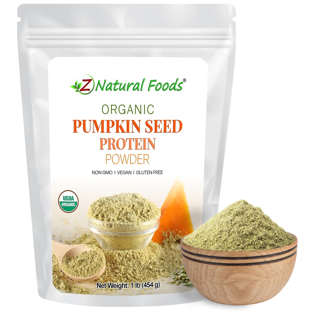 Z Natural Foods Bio Kürbis Samenprotein Pulver - Nährstoff-Dense Faser-Ergänzung, Vegan Kürbis Protein Pulver für Haar Hautnägel Muskel Gesundheit - Ideal für Smoothies Shake Baking Rezepte, 1 lb