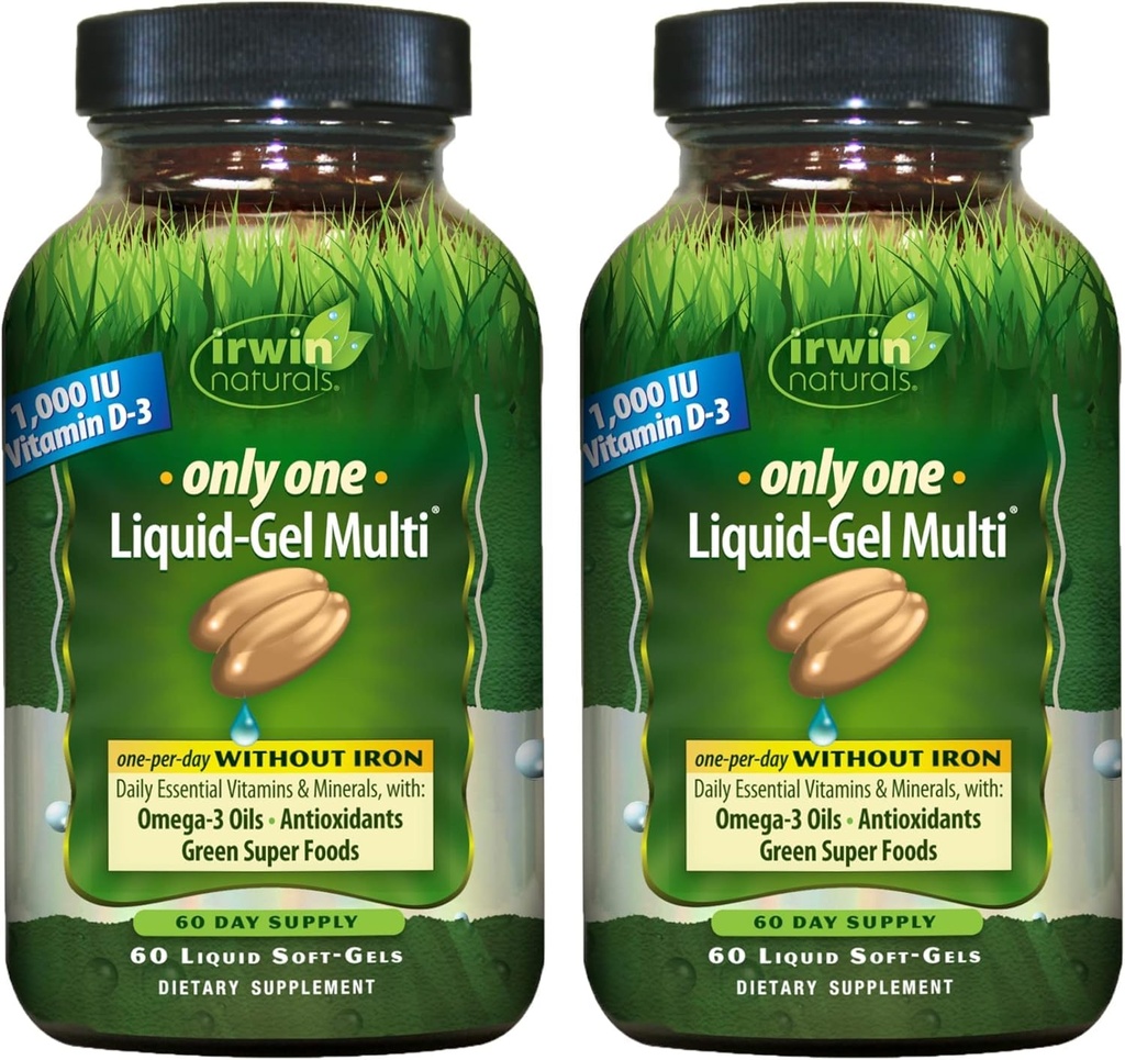 Irwin Naturals Only One Liquid-Gel Multi ohne Eisen - 60 Liquid Soft-Gels, Paket von 2 - Omega-3 Öle, Antioxidantien & Green Super Foods - 120 Gesamt Servierungen