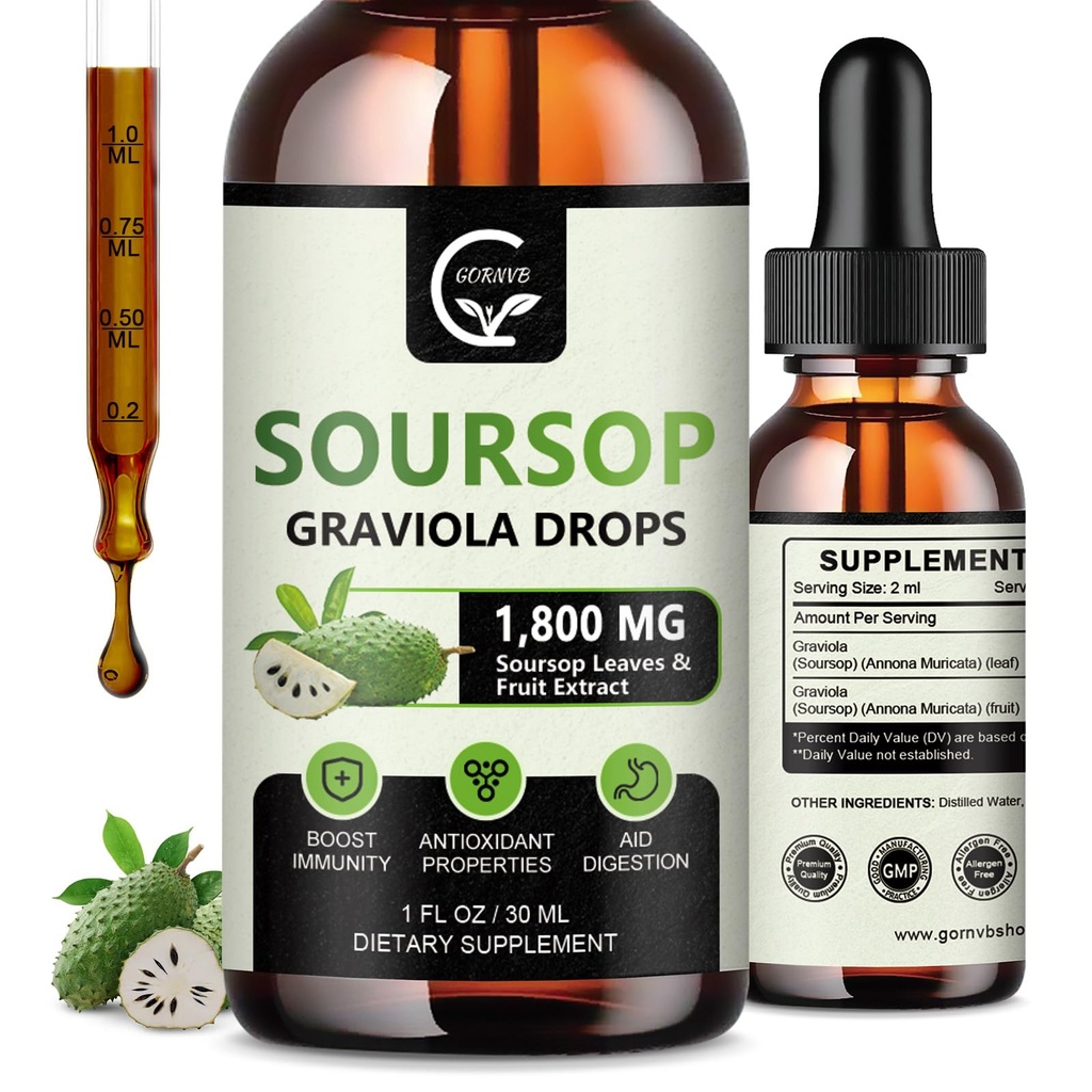 (2 Pack) Soursop Graviola Liquid Tropfen 1800mg, 98% Absorption Soursop Bitter Flüssigkeit für Zellunterstützung & Regeneration, Immune Boost, Relax, Leber und Schlaf, Kräuter-Güte, Glutenfrei, 1 Fl Oz