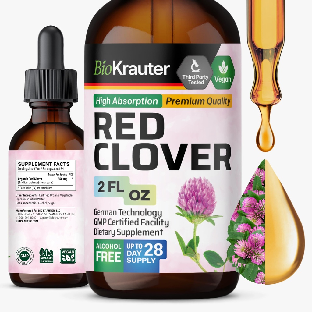 BIO KRAUTER Red Clover Tincture - Red Clover Extract - Liquid Supplement for Women's Support - Alkohol und Zuckerfrei - Vegan Drops 2 Fl.Oz.