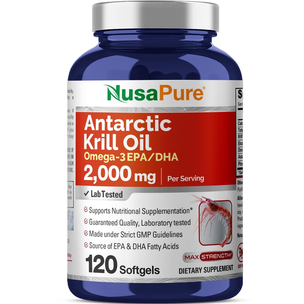 NusaPure Antarctic Krill Oil 2000 mg 120 Softgels, Omega-3 EPA 360mg, DHA 240mg, Soyfree Astaxanthin Supplement Geliefert von Krill 800ppm