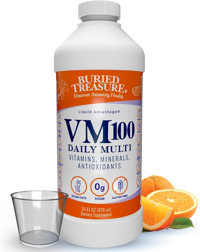 Buried Treasure VM100 Daily Multi - 32 Servings, Liquid Vitamins Minerals Supplement with Dose Cup