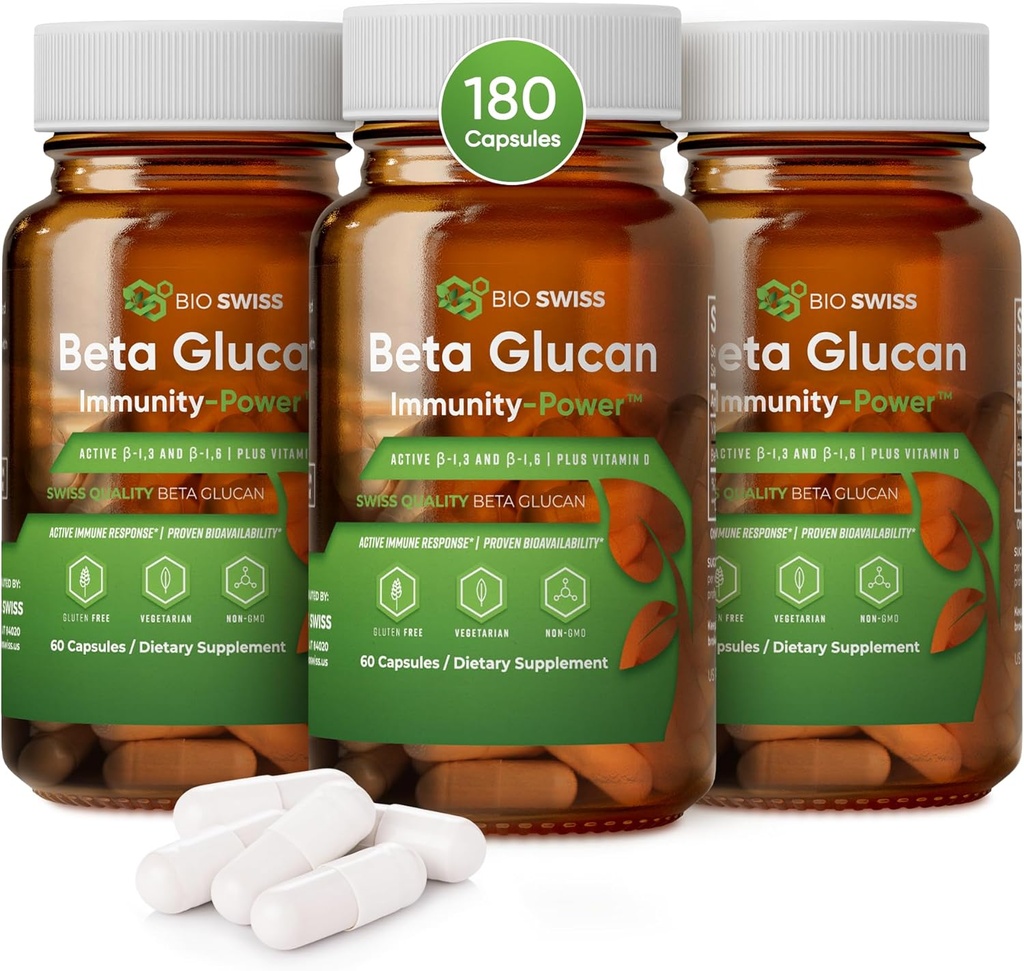 Bio Swiss Beta Glucan Immunität Power - 1,3D-1,6D Glucan mit Vitamin D - Immununterstützungsergänzung für verbesserte Verteidigung und Wellness - Vegan, Glutenfrei (180 Kapseln)