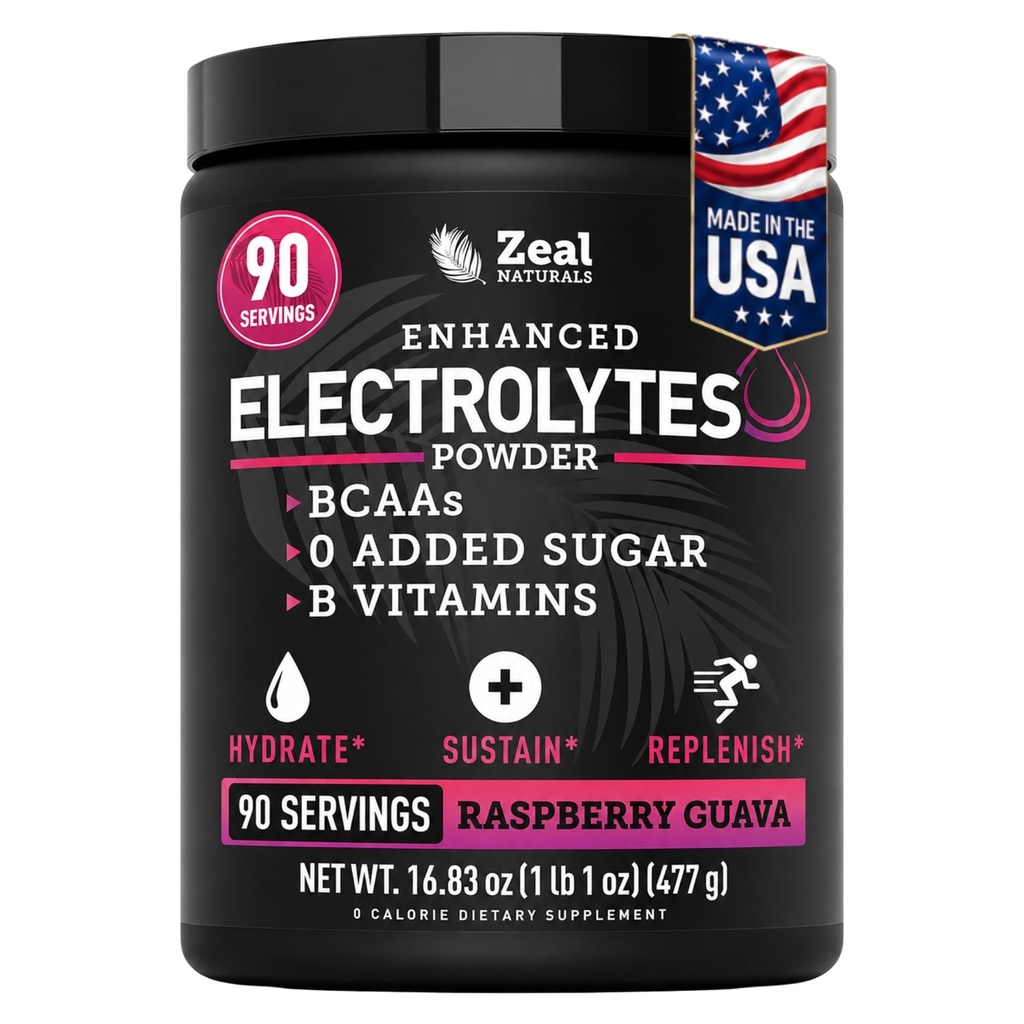 Zeal Electrolyte Powder - 90 Servings | Keto Electrolytes Powder | Zero Sugar, BCAAs, B-Vitamins | Potassium, Zinc, Magnesium | Hydration Powder Recovery Drink | Raspberry Guava