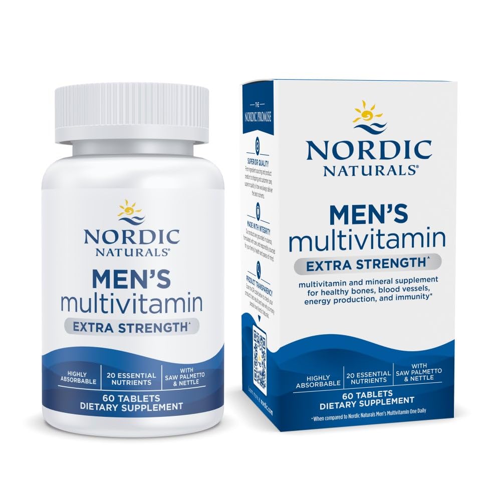 Nordic Naturals Men's Multivitamin Extra Strength - Knochen, Energie und Blut-Vessel-Unterstützung - Immunitätsergänzung - 20 essentielle Nährstoffe - 60 Tabletten - 30 Servietten