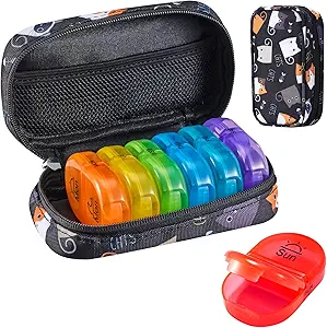 Serfeymi Weekly Travel Pill Organizer 2 Mal A Day AM Upgraded Rainbow Pille Box 7 Tage mit tragbaren Reißverschluss Canvas Pille Fall, Medizin Organizer für Pillen, Vitamine, Fischöle - Schwarz 02