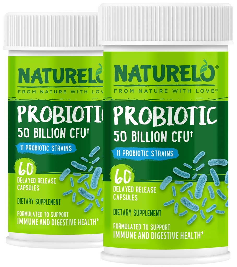 NATURELO Probiotics for Digestive Health - 50 Billion CFU, 11 Strains, Tägliche Verwendung Ergänzung - Boosts Immunsystem, verzögerte Freisetzung, No-Fridge, 60 vegetarische Kapseln (Pack von 2)