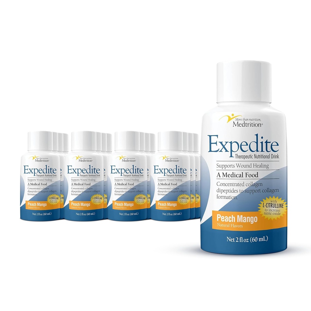 Medtrition Expedite Liquid Collagen, Peach Mango, 2 Fl Oz, Packung mit 24 - Ernährungsunterstützung für allgemeine, orthopädische und kosmetische Chirurgie Erholung
