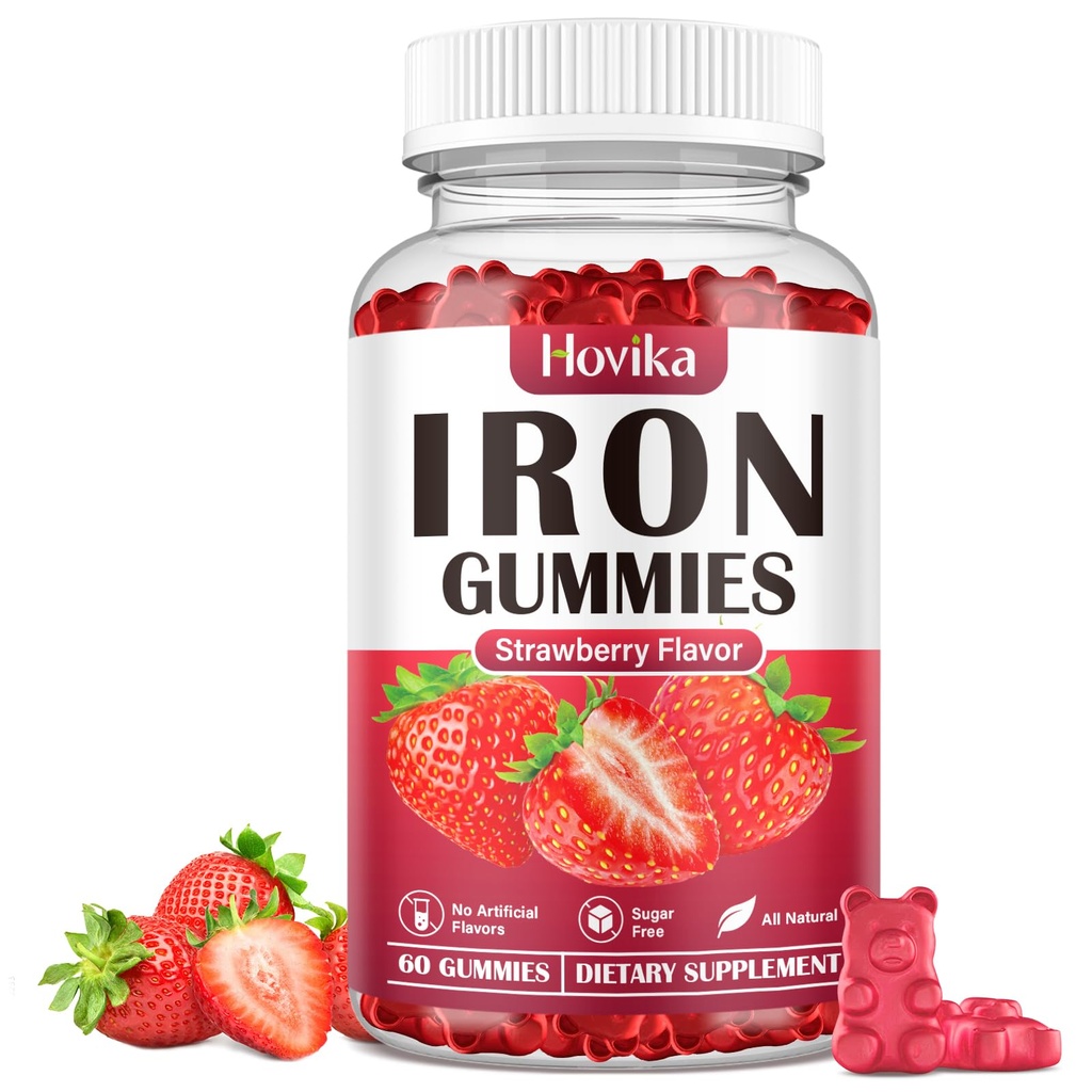Eisen-Gummi-Ergänzung für Frauen und Männer, Kinder-Eisen-Ergänzungen für Anämie mit Vitamin C, B12, Folate - Blut-Erbauer & Energie-Unterstützung für Eisenmangel - Zuckerfreie Erdbeer-Flamour, 60 Gummis