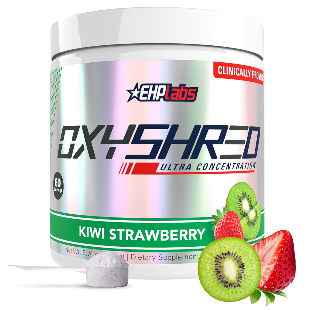 EHP Labs OxyShred Pre Workout Powder - Preworkout Powder mit L Glutamin & Acetyl L Carnitin, Energy Boost Drink - Kiwi Erdbeere, 60 Portionen