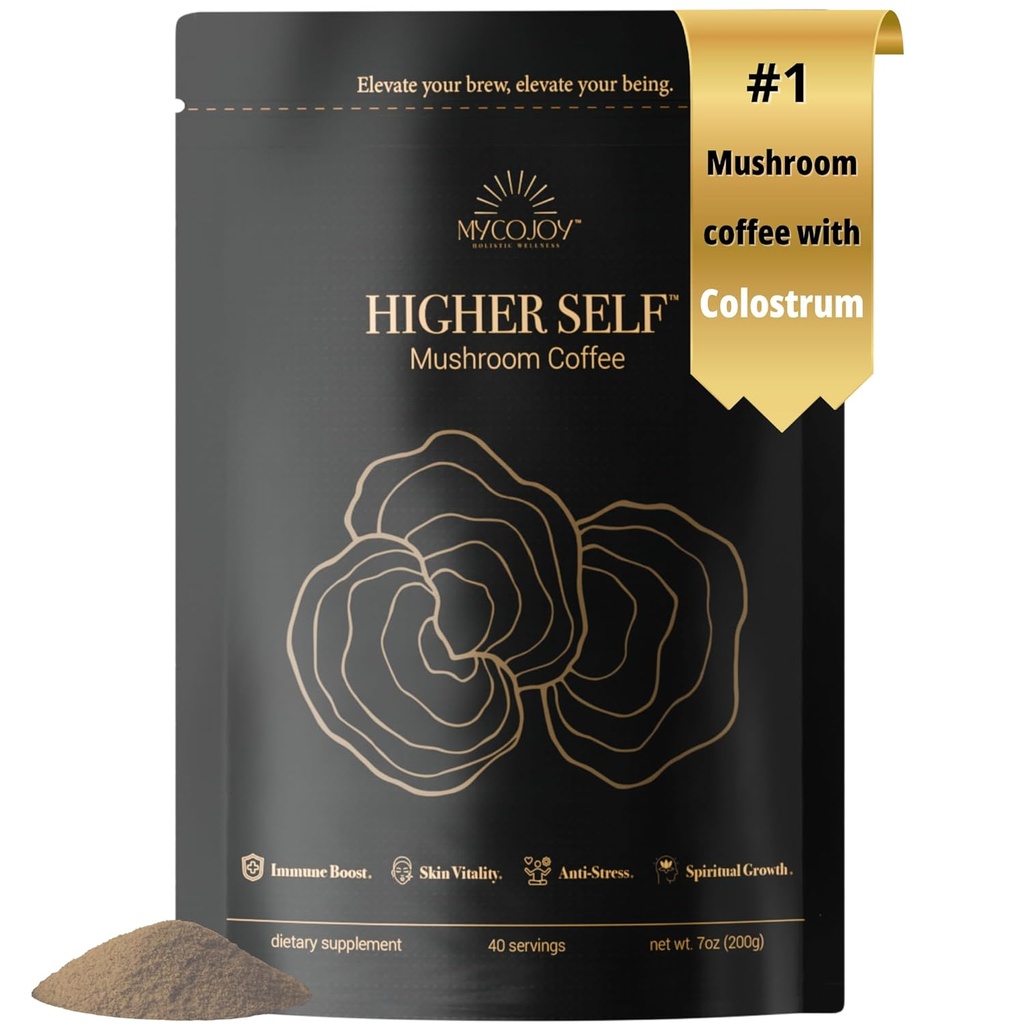 HIGHER SELFTM Mushroom Coffee Ultimate Focus & Immune Support Blend mit 40% IgG Colostrum, Organic Arabica, Lion's Mane, Reishi, Chaga, L-Theanine und Frankincense für Immununterstützung, Fokus, Energie, Stimmung und Gut Health | 7oz. 40 Portionen