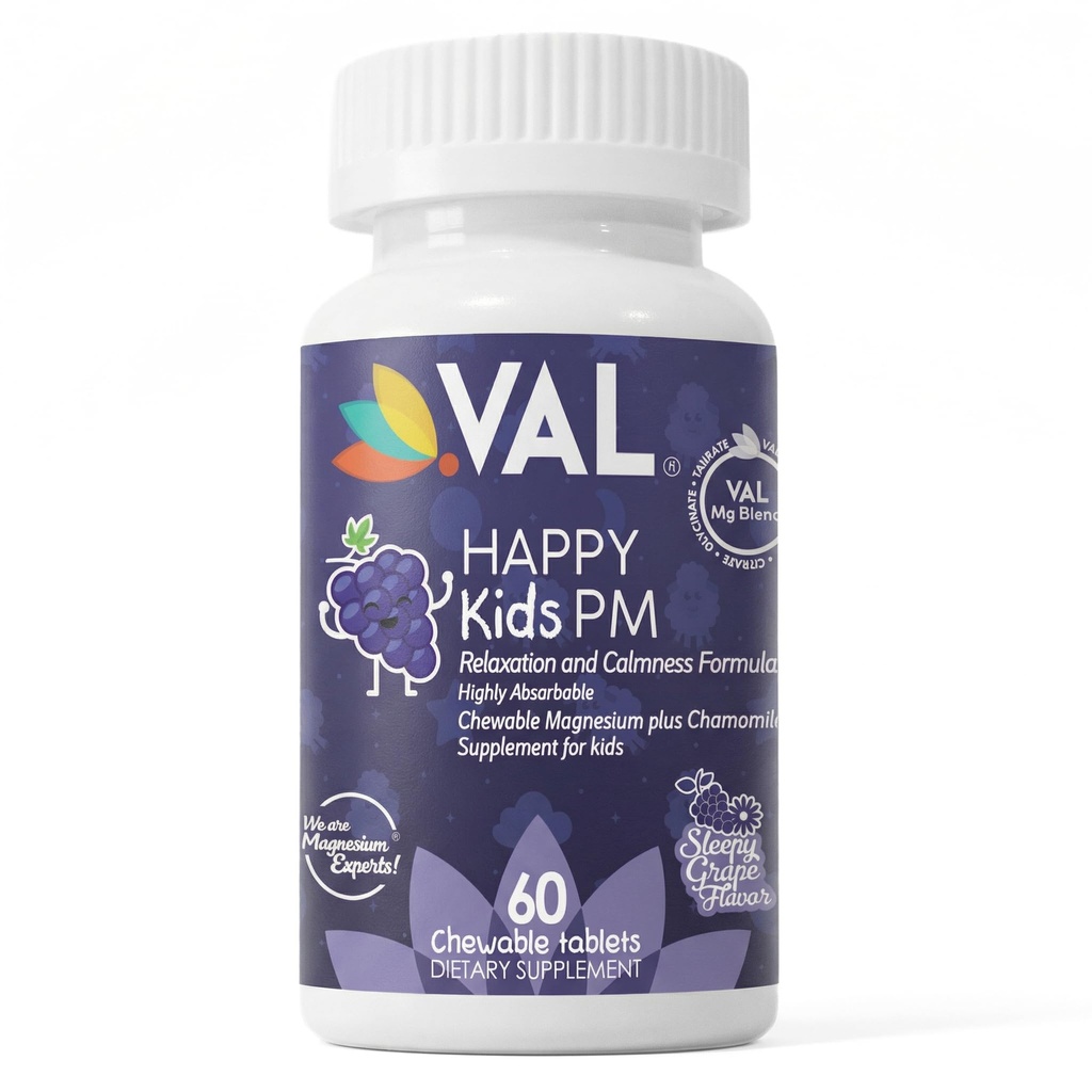 VAL Kids PM Magnesium Gummies | Zuckerfreie Kautabletten mit Kamille, Magnesium Glycinat + Citrat + Taurate | Vitamin B6 & C | Natürliche Grape Flavor | Sleep & Calm Support | 60 Ct | Alter 4+
