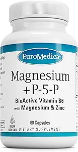 EuroMedica Magnesium + P-5-P - Knochen & Herz-Gesundheits-Supplement - Nahrungsergänzung mit Vitamin B6, Zink & Magnesium - Pyridoxal-5-Phosphate Vegan Kapsel Supplement - 60 Kapseln