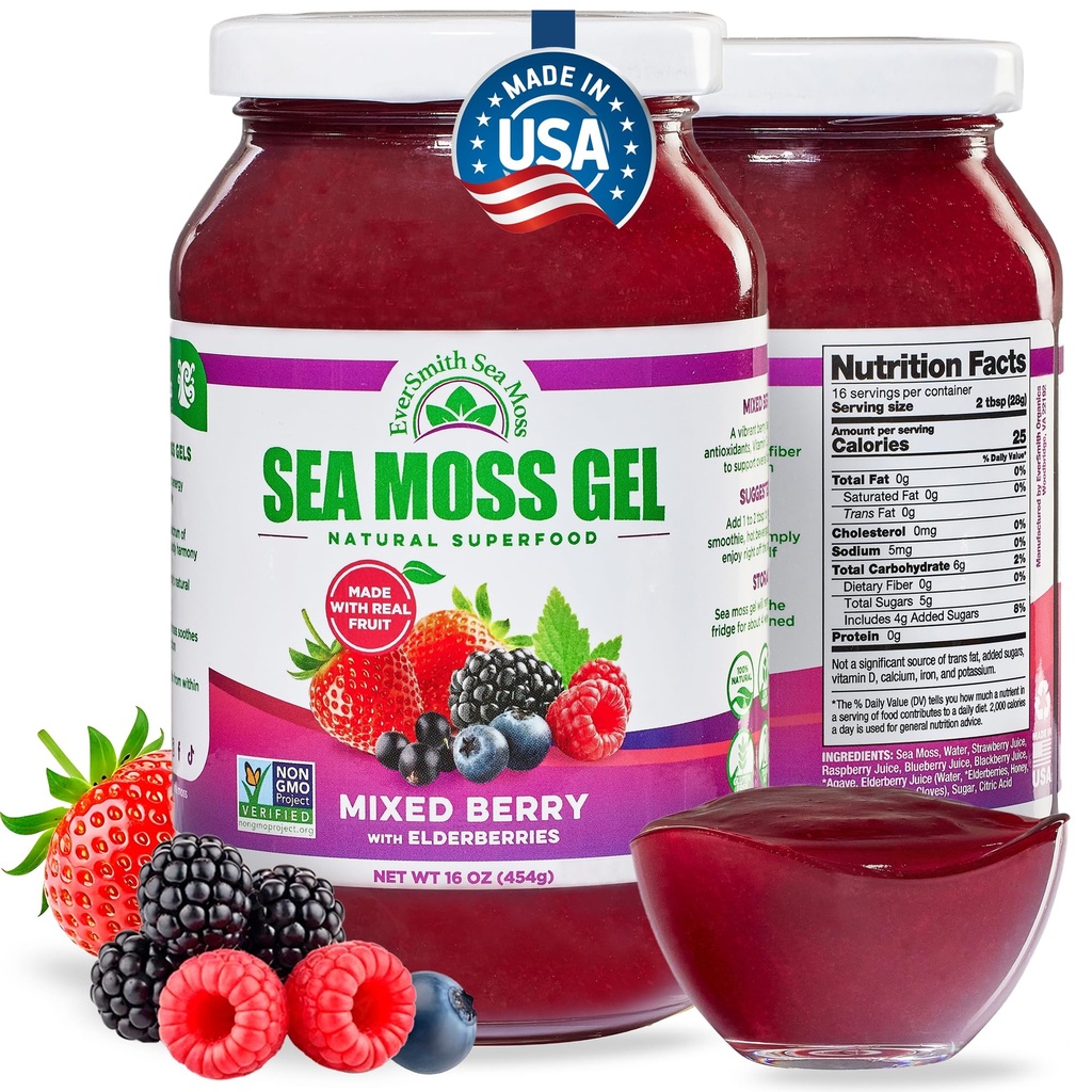 Wildcrafted Irish Sea Moss Gel | Made in USA | Rich in Vitamine & Minerals | Sea Moss Gel Raw | Nutritional Supplement | Mixed Berry (16 oz)