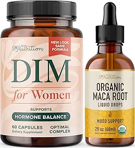 SMNutrition Organic Maca Root Tincture und Frauen DIM Ergänzung | Hormon Balance Bundle mit flüssigem Maca Root Drops (120 Servierungen) und 250mg DIM Ergänzung für Frauen Complex (60 Servietten)