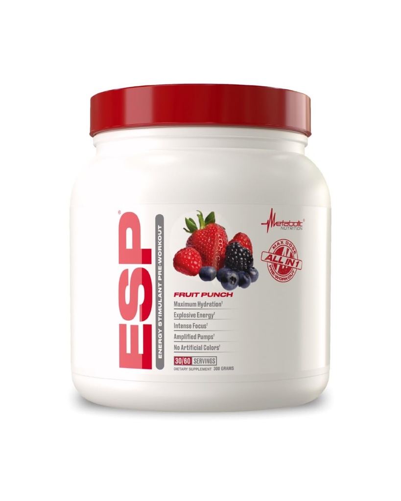 Metabolic Nutrition, ESP, Energy and Endurance Stimulieren Pre Workout, Pre Intra Workout, High Energy and Mental Focus, Stimulieren Workout Supplement, Fruit Punch, 300 Grams (90 Servietten)