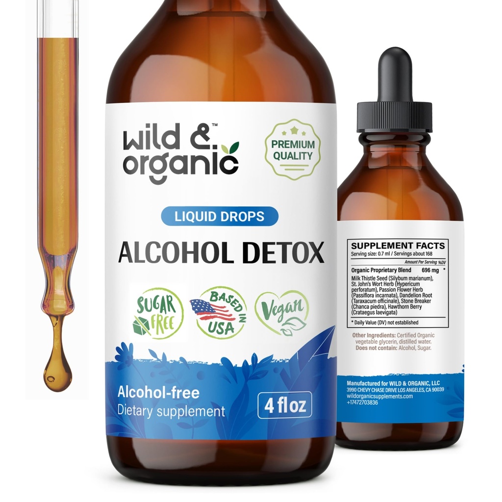 Wild & Organic Alcohol Detox Tropfen - Leber & Nierenreiniger mit Milchdistel, Chanca Piedra Steinbrecher - Anti-Alkohol-Komplex für Leberreiniger Detox - Vegan, keine Zucker & Additive - 4 fl oz