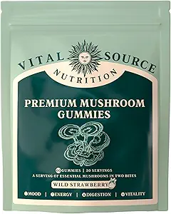 Vital Quelle Ernährung - Premium Pilzgummis - Vitalität, Verdauung & Energie Unterstützung - 10 Arten von Premium Pilzen - Vegan, Gluten-Free & Halal - Wild Erdbeere - 60 Gummi - 30 Servierungen
