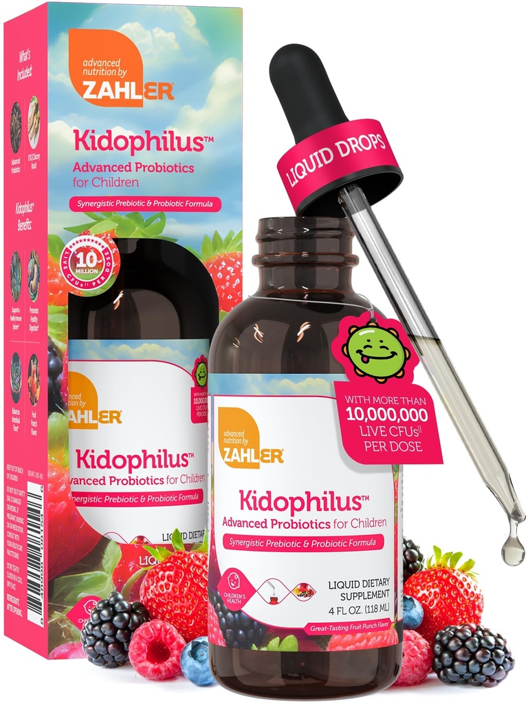 Zahler - Kidophilus Liquid Drops Probiotics for Kids (4 Fl Oz) Zertifizierte Kosher Kids Probiotic für gesunde Verdauung & Immununterstützung - Frucht-Punch Flavored Kinder Probiotic Drops Supplement