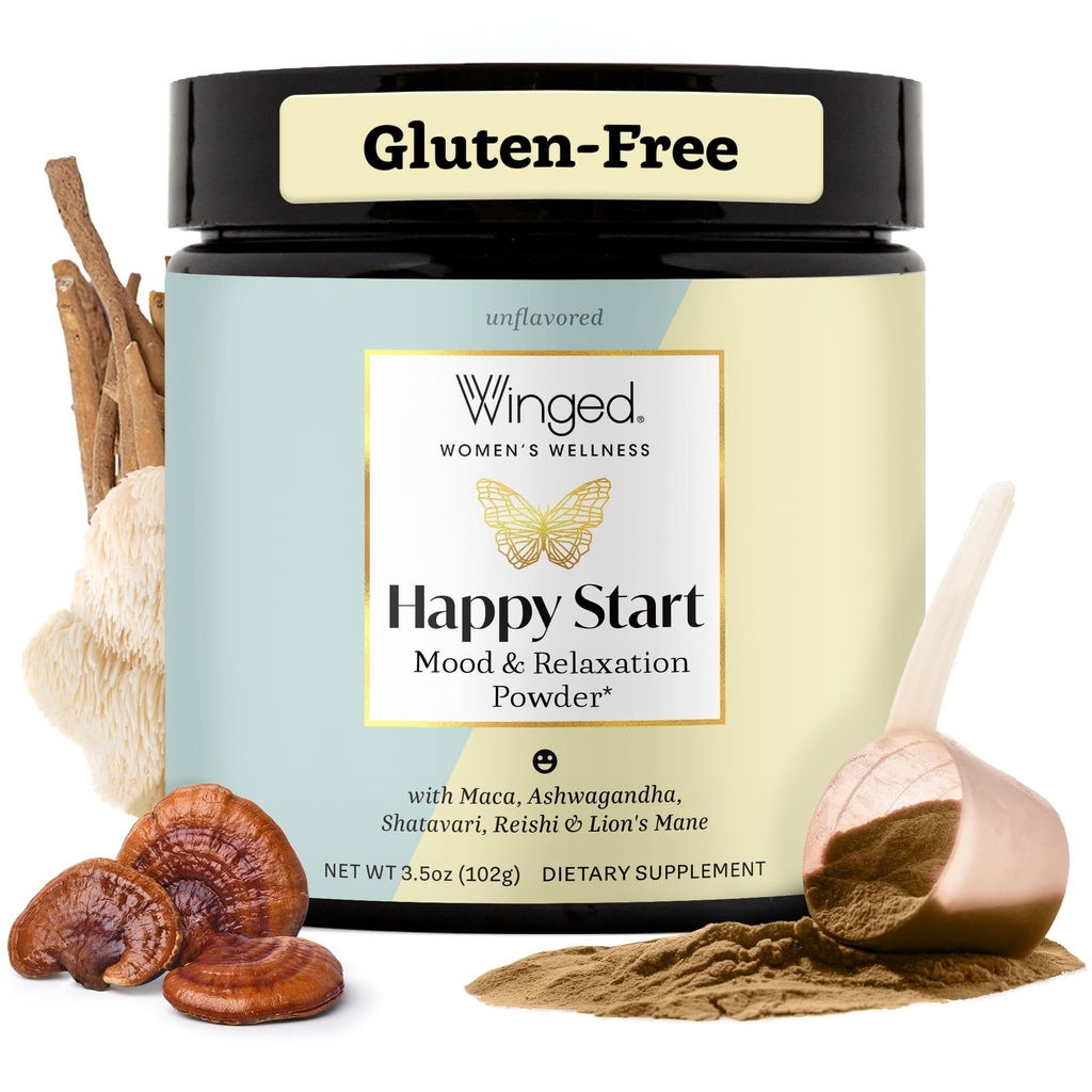 Winged Wellness Happy Start, Mood Boosting Drink-Pulver für Damen - Happy Mind & Hormonal Health, Mood Support-Ergänzung mit Red Maca, Ashwagandha, Pilze &amp; mehr - Schokolade, 30 Servietten