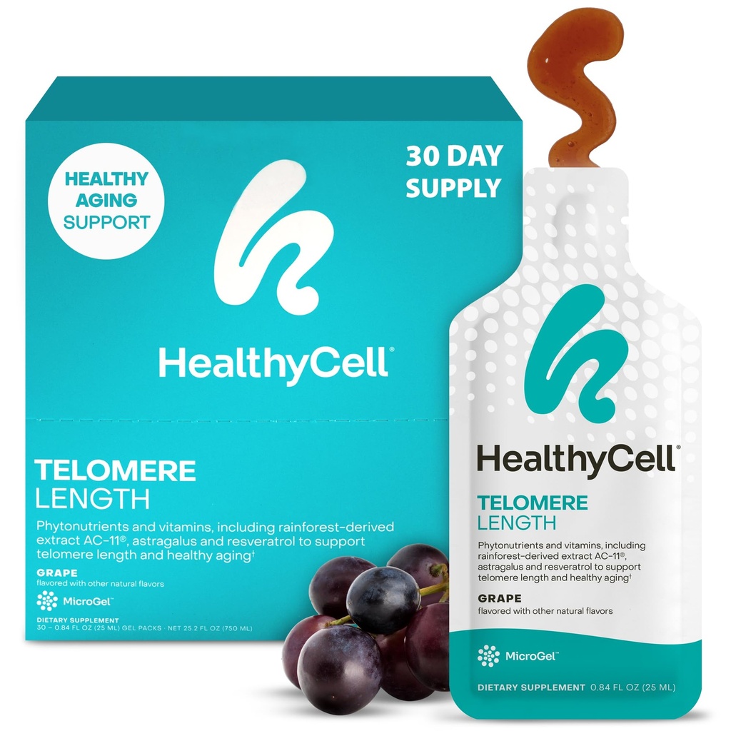 HealthyCell Telomere Längenergänzung - Anti-Aging Telomere Verlängerungsergänzungsmittel mit Phytonutrients & Vitamine für die Zellgesundheit - AC-11, Astragalus & Resveratrol - 30 Gel Packs, Grape Flavored