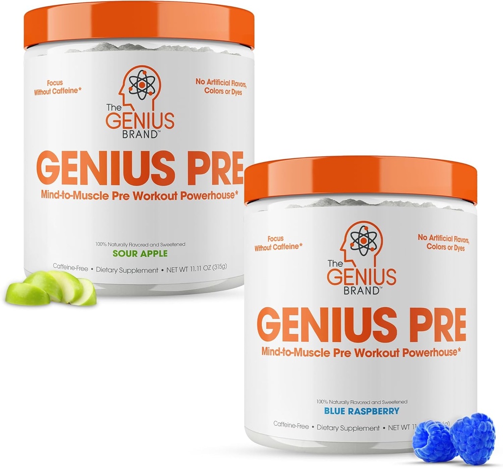 Genius Pre-Workout Supplement Bundle - Blaue Himbeere & Sauer Apfel - Koffeinfrei/Stimulant-frei