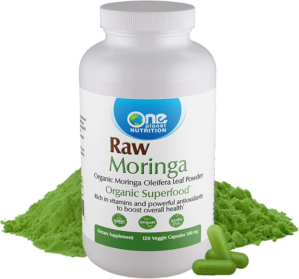 One Planet Nutrition Moringa 500 mg Veggie Kapseln (120 Servierungen), Raw Organic Moringa Leaf, mit Vitaminen, Mineralien und Pflanzenproteinen für Ernährungsunterstützung, Non-GMO, Vegan, Gluten-frei