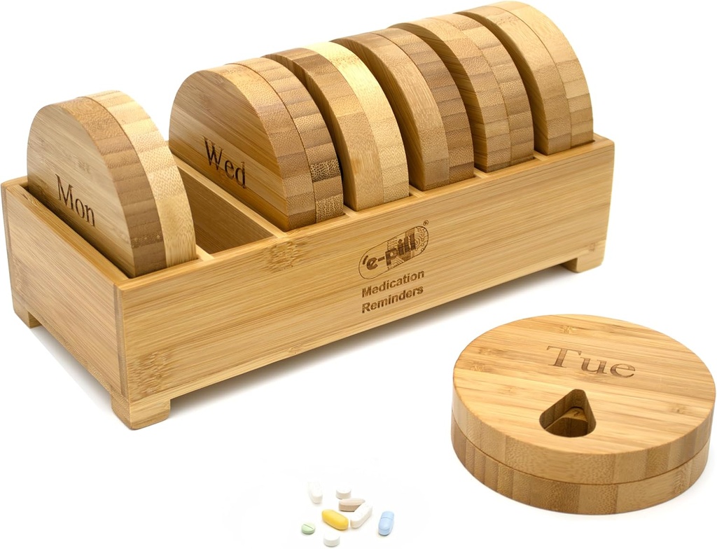 e-Pill Bamboo Weekly Pill Organizer, 7 Tage Pille Box für Tabletten, Vitamine oder Ergänzungen
