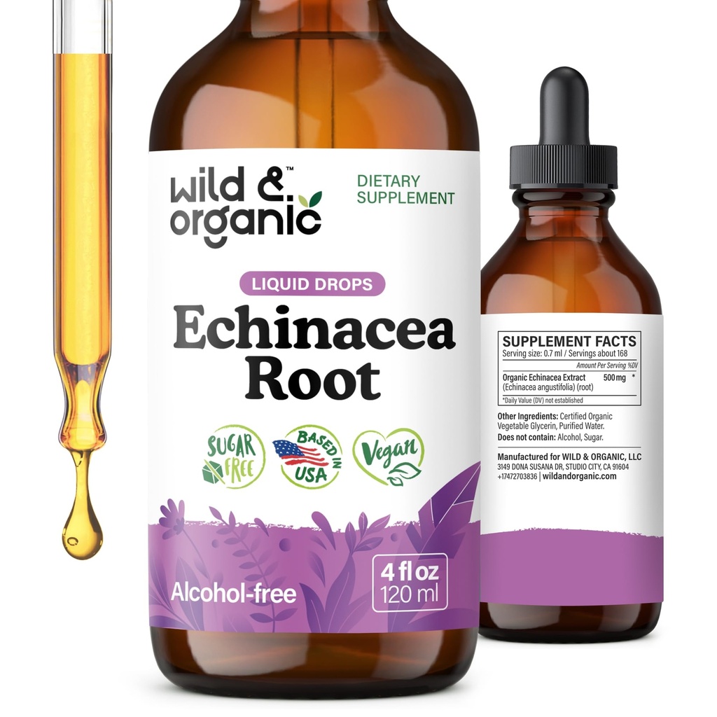 Wild & Organic Echinacea Tropfen - Immununterstützungsergänzung mit Echinacea Angustifolia - Flüssiger Wurzelextrakt Tinktur - Vegan, Zucker & Alkoholfrei - 4 fl oz