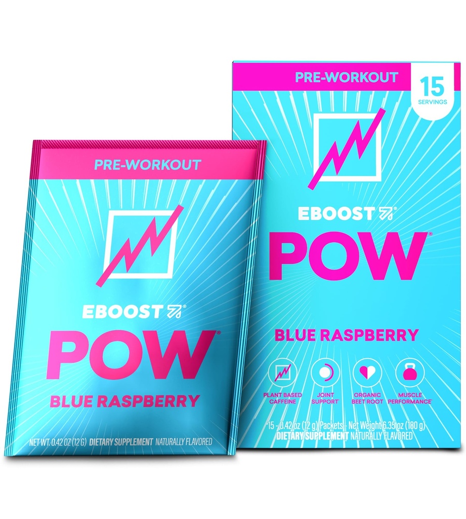 EBOOST POW Natural Pre Workout Powder - 15 Packungen, Blaue Himbeere - Preworkout Energy Booster Gym Supplement Getränke Mix für Männer und Frauen - Leistung, Joint Mobility Support - Glutenfrei