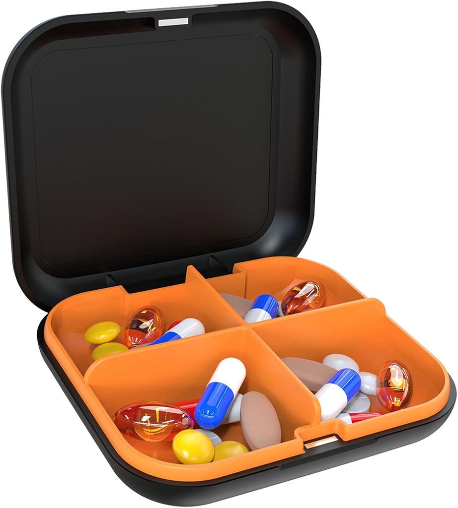 Pille Box Portable Pille Dispensing Box, Travel Portable Pill Box, 4-Compartment Täglich tragbare Pille Organizer, Geeignet für Vitamine, Medikamente, Fish Oil (Black+Orange)