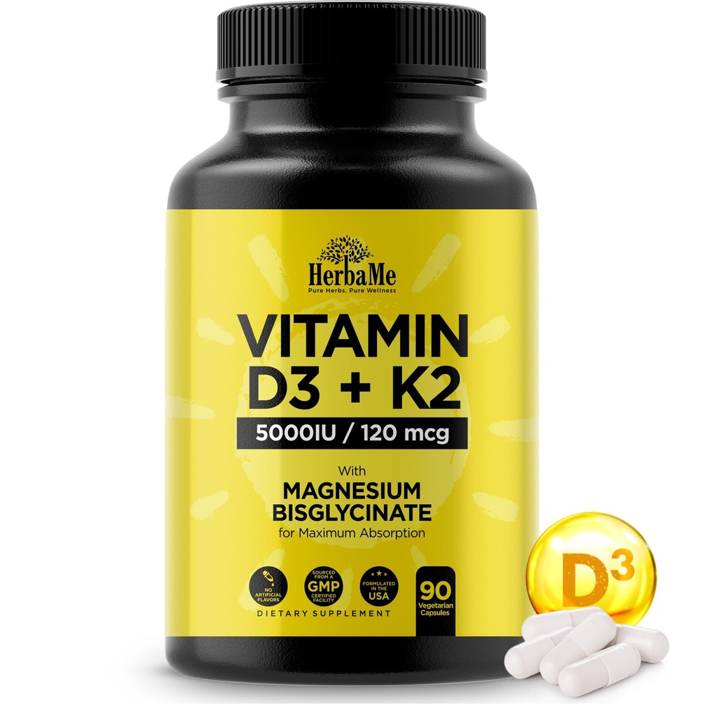 Vitamin D3 5000 IU + K2 mit Magnesiumbisglycinat für Max Absorption | 90 Kapseln | Immununterstützung | fördert Herz-, Knochen- und Muskelgesundheit